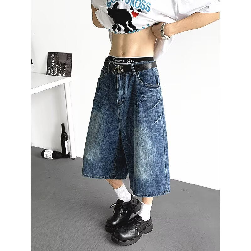 Lightning Pattern Seven Quarter Denim Loose Shorts with Wide Legs