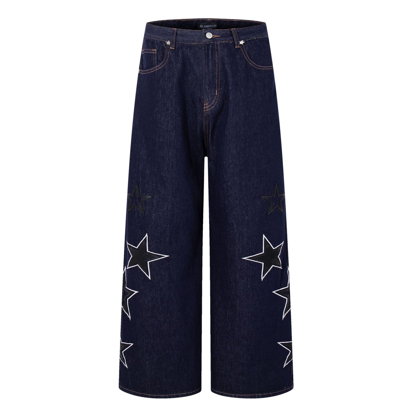 Street Denim Five Pointed Star Patch Embroidered Loose Wide Leg Pants