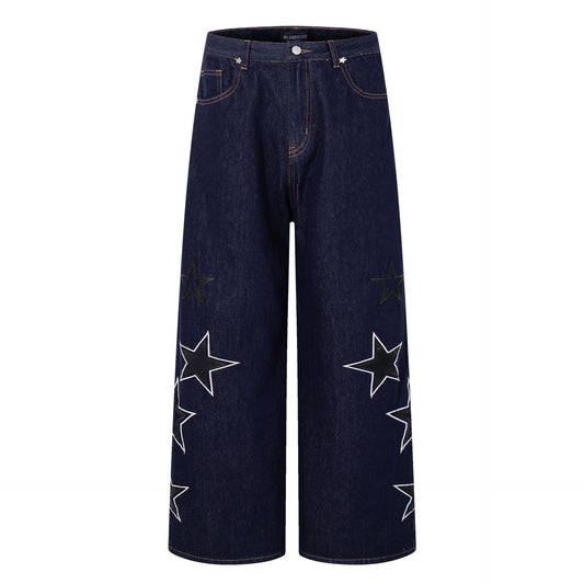 Street Denim Five Pointed Star Patch Embroidered Loose Wide Leg Pants