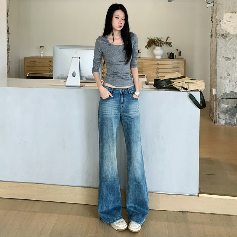 Flared Denim Pants for Women - Low Waist Slim Fit Washed Versatile Elastic Slightly Flared Trousers