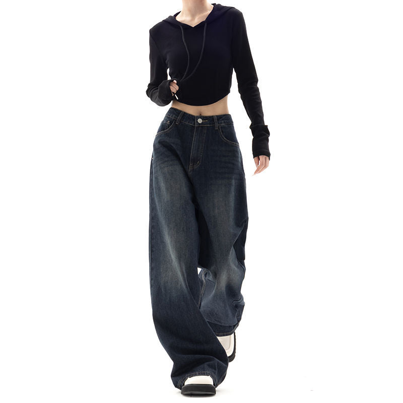 Retro Street Style Wide-Leg Pants - Unique Blue High-Waist Denim Trousers for Women