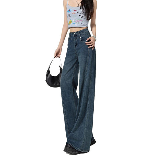 Retro Unique Wide-Leg Jeans for Women - Spring Autumn Spliced Straight Denim Pants