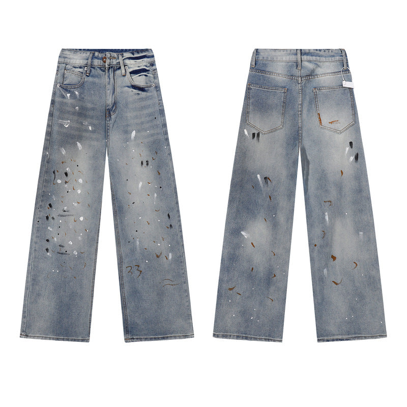 Loose Straight Leg Jeans with Hand-Painted Wide Leg Design