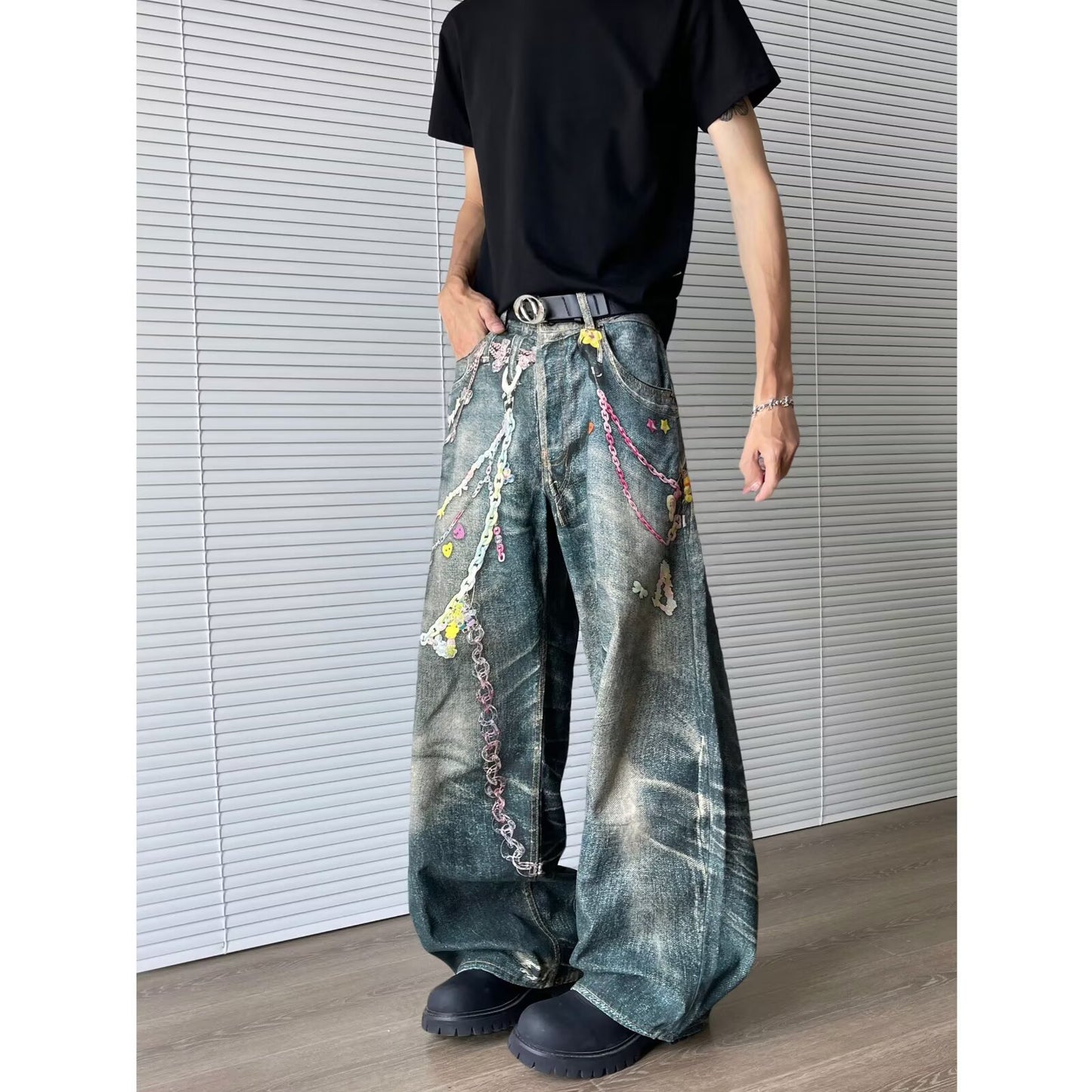 Retro Chain Printed Denim Wide Leg Pants for Men