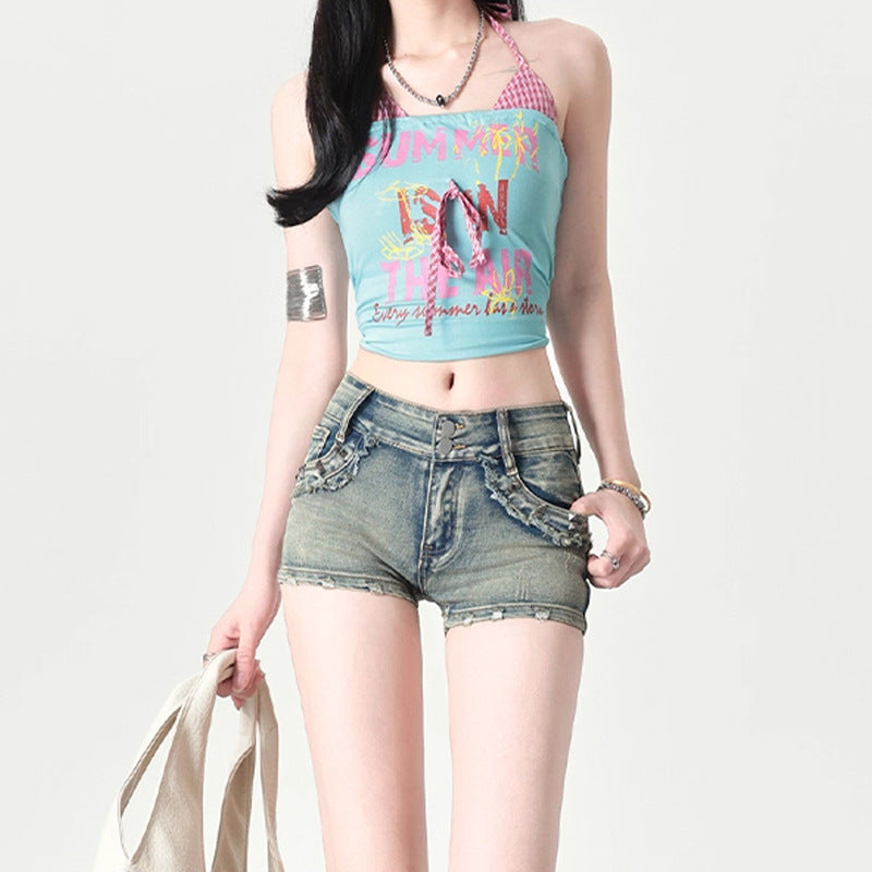 High Street Wasteland Style Denim Shorts for Women - Slimming Girl Skinny Straight Leg Hot Pants