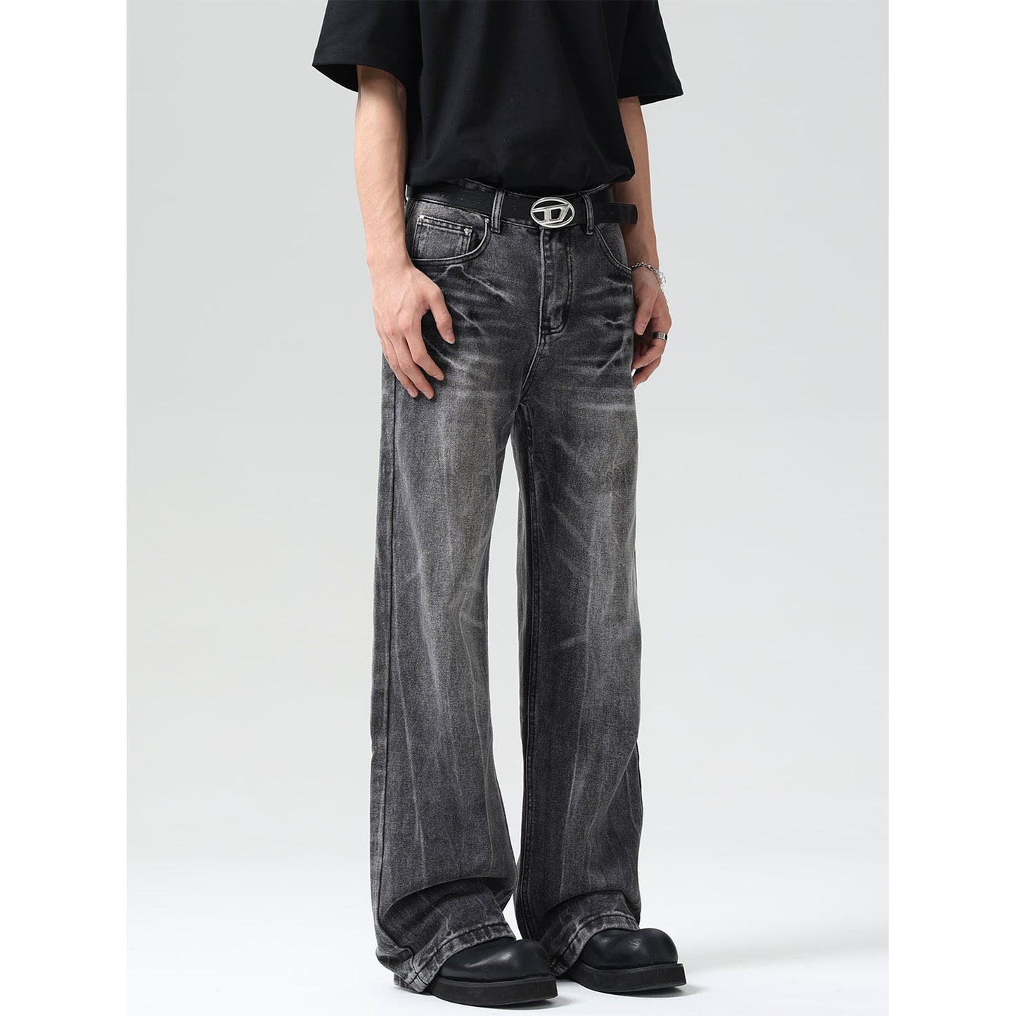 Washed Wide Leg High Street Denim Men's Loose Straight Leg Pants