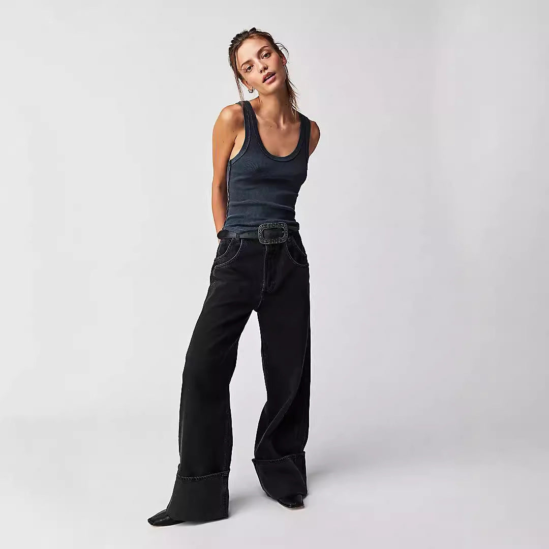 Washed Mid Waist Rolled Edge Loose Jeans