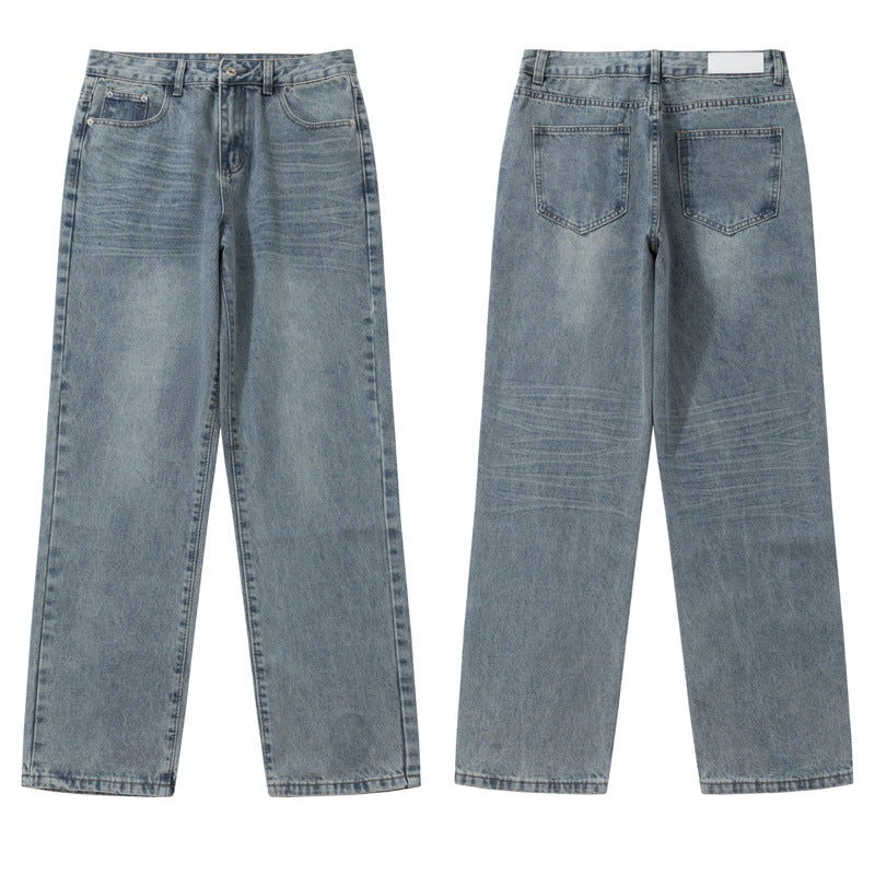 Street Style Basic Versatile Blue Jeans for Men - Loose Straight Wide Leg Washed Casual Pants
