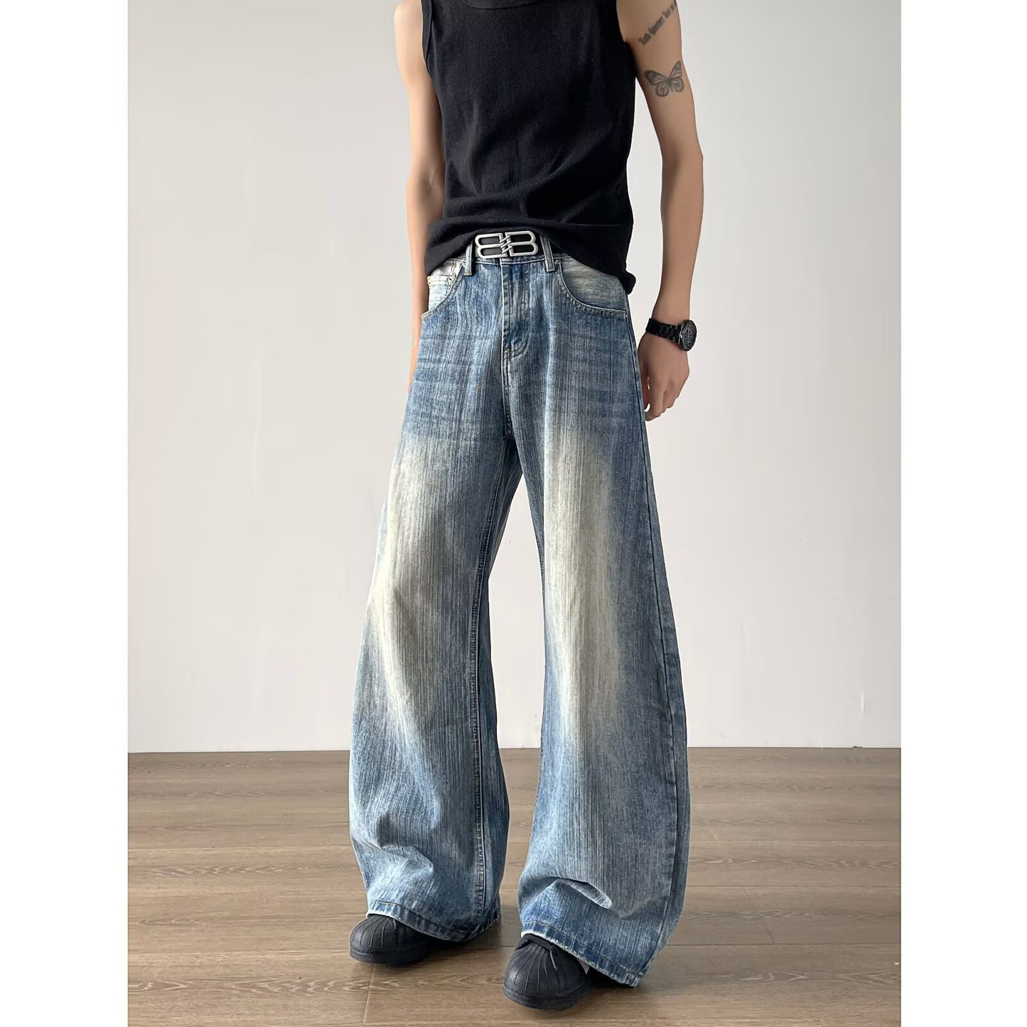 Bamboo Patterned Curved Knife Jeans - Loose Retro Washed Silhouette