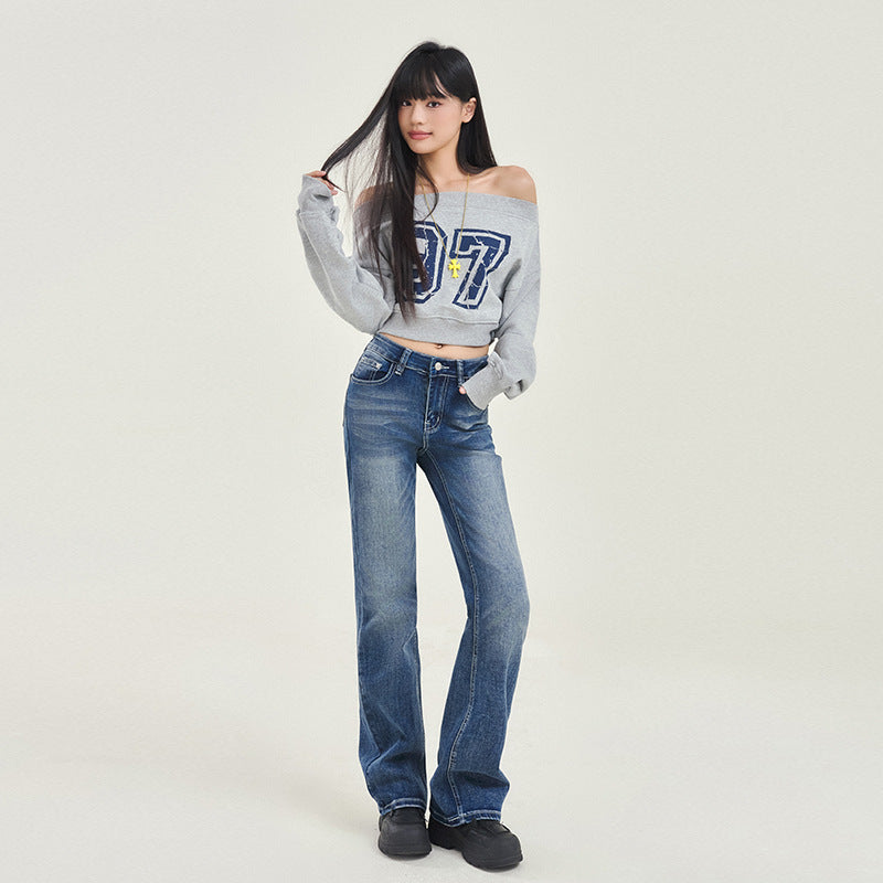 Women's Wide-Leg Denim Trousers with Fringe Craft - Low Waist Slim Floor-Length Pants