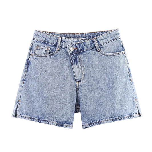 Women's High-Waisted Double-Breasted Denim Shorts
