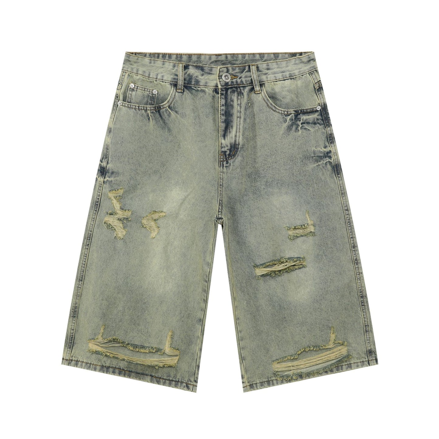 Retro Distressed Denim Shorts for Men | Loose Fit Straight Leg Capri Pants