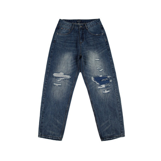 Washed Patch Micro Tapered Small Straight Leg Denim Pants