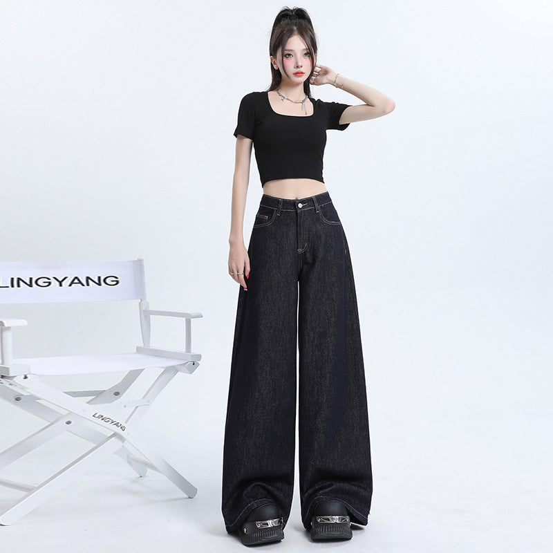 Loose Wide-Leg Denim Pants for Women - High-Waist Draped Straight Ankle-Length Trousers