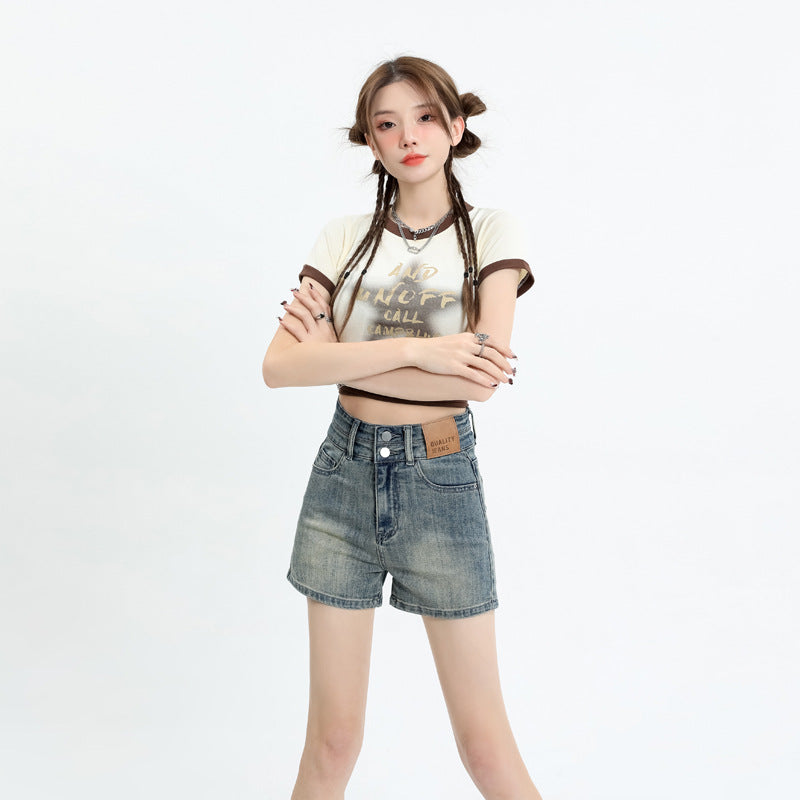 Retro High Waist Slimming A-Line Denim Shorts for Women