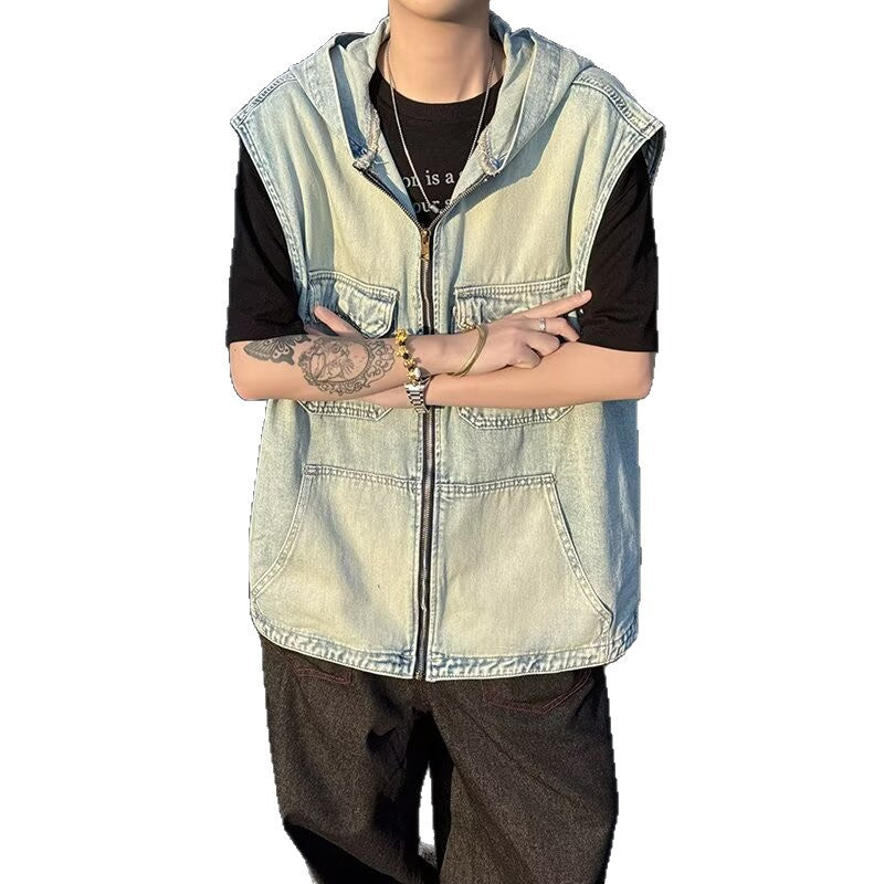 Hooded Denim Retro Loose Zipper Sleeveless Vest Jacket