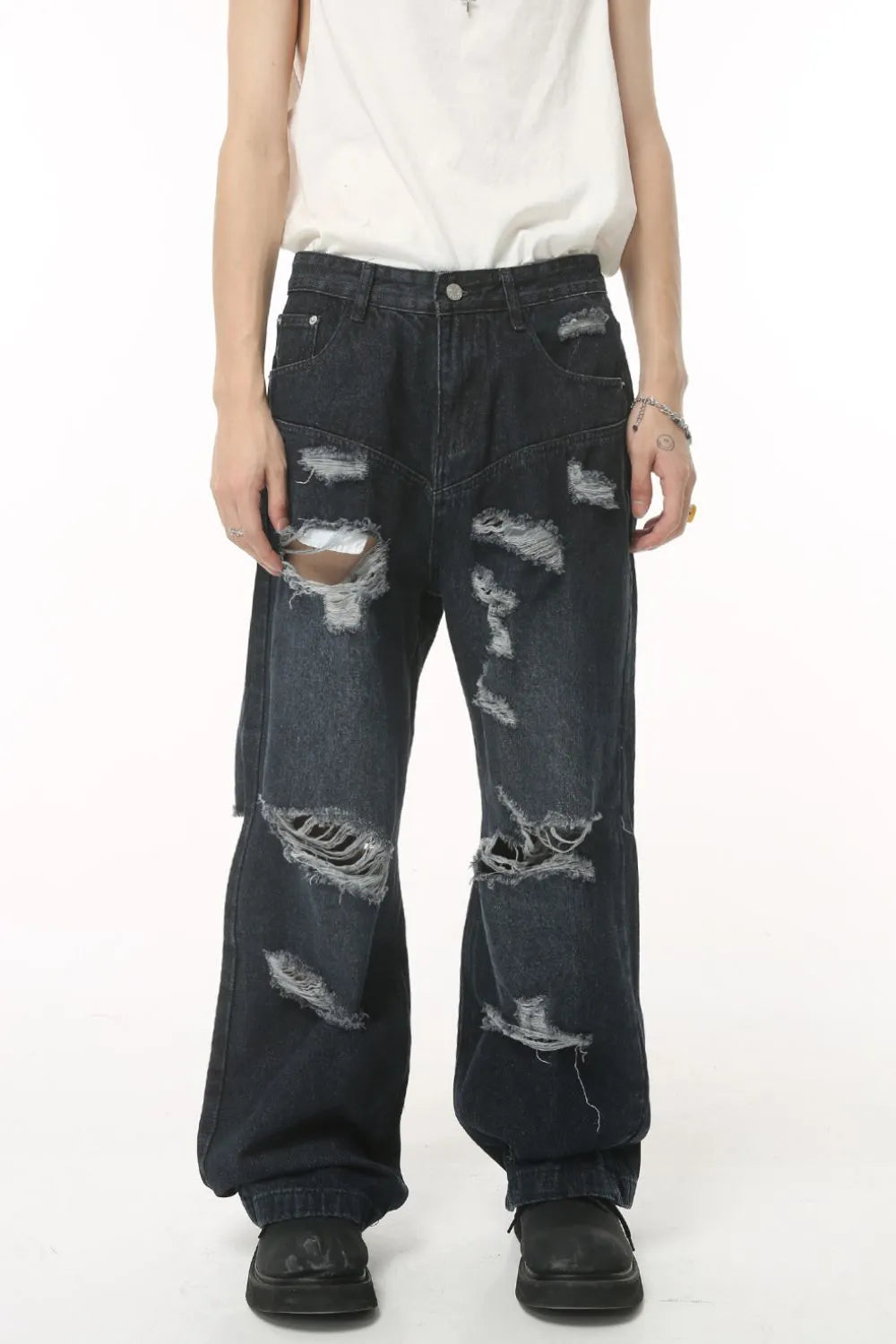 Distressed Wide Leg Pocketed Men's Jeans - Premium Japanese Denim