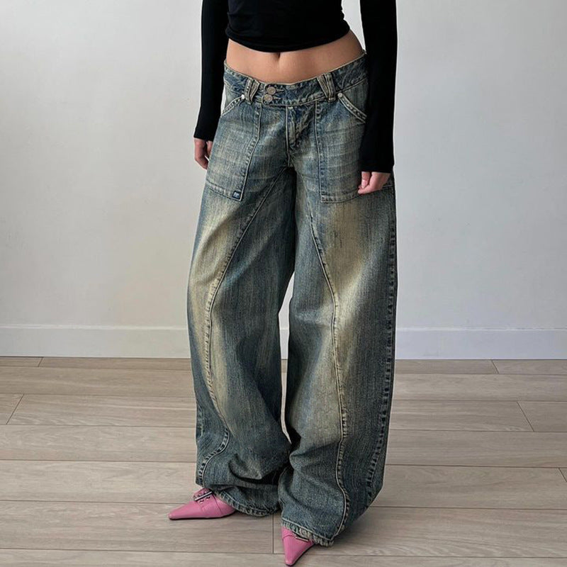Low Waist Irregular Split Line Pocket Jeans