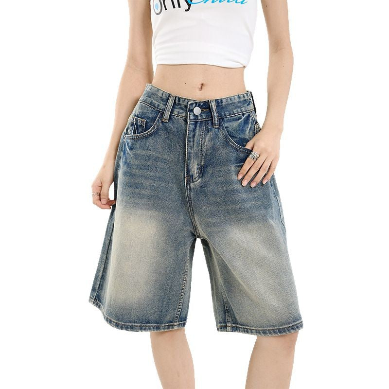 Women's Retro Denim Shorts - High Waist Slim Straight Leg Capri