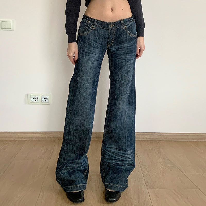 Vintage Pleated Washed Denim Jeans - Loose Fit & Low Waisted Design
