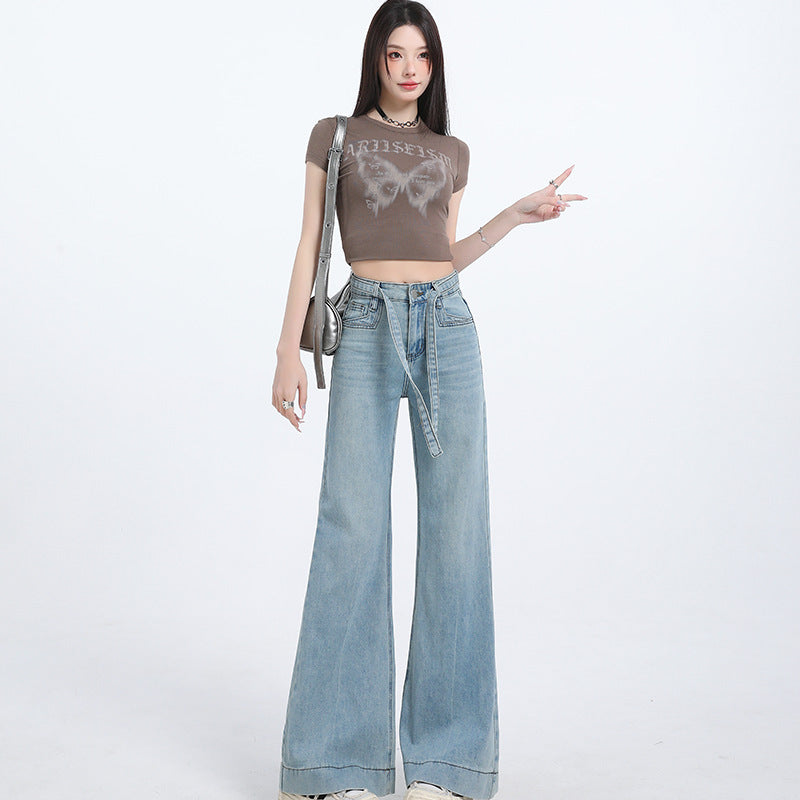 Wide-Leg Flared Denim Pants for Women - Light Blue High-Waist Slimming Trousers