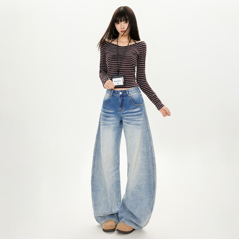 Washed Cat Whisker Design Low Waist Denim Pants for Women – Loose Slim Fit Wide Leg Trousers