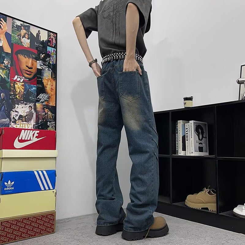 Retro Blue Washed Pleated Gradient Curved Knife Jeans