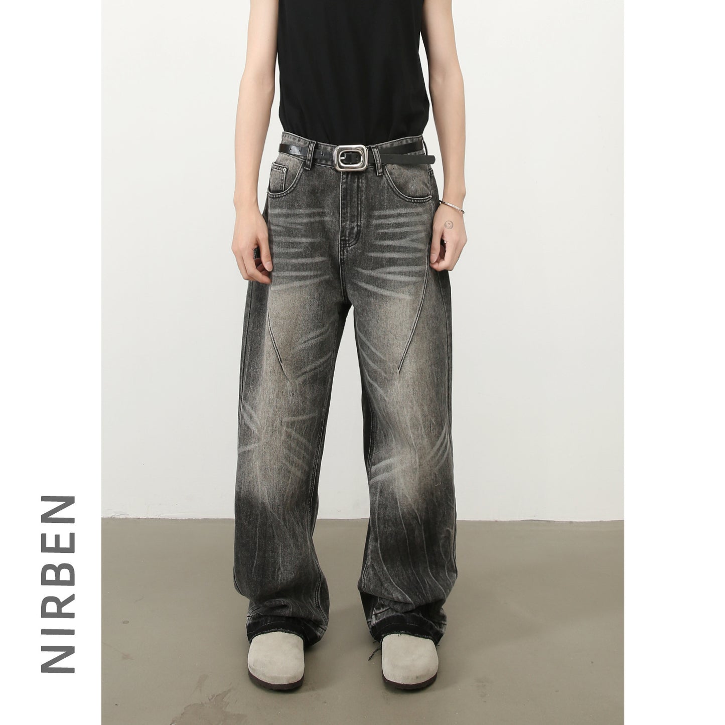 Denim | Frayed Hem Washed Gray Men's Jeans with Whiskers