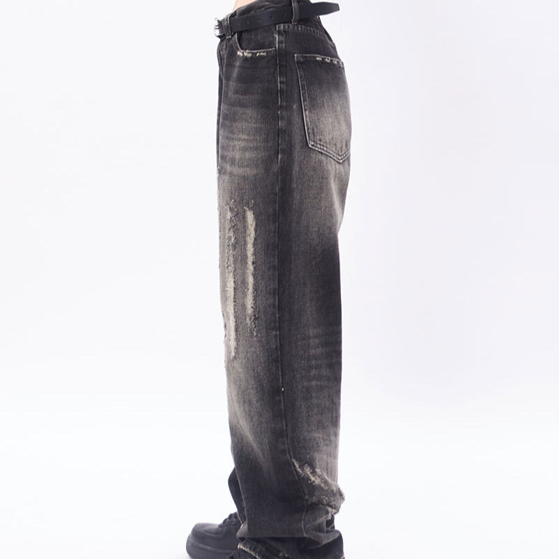Loose Distressed Scratched Straight Leg Jeans - Premium Japanese Denim