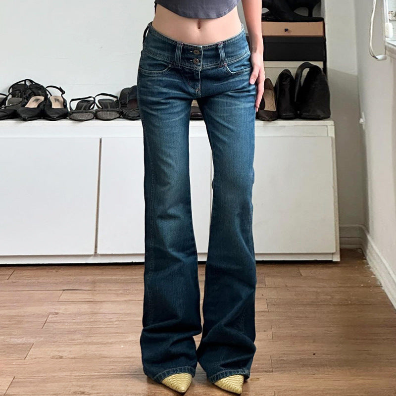 Wide Waisted Buckle Slim Fit Washed Denim Jeans