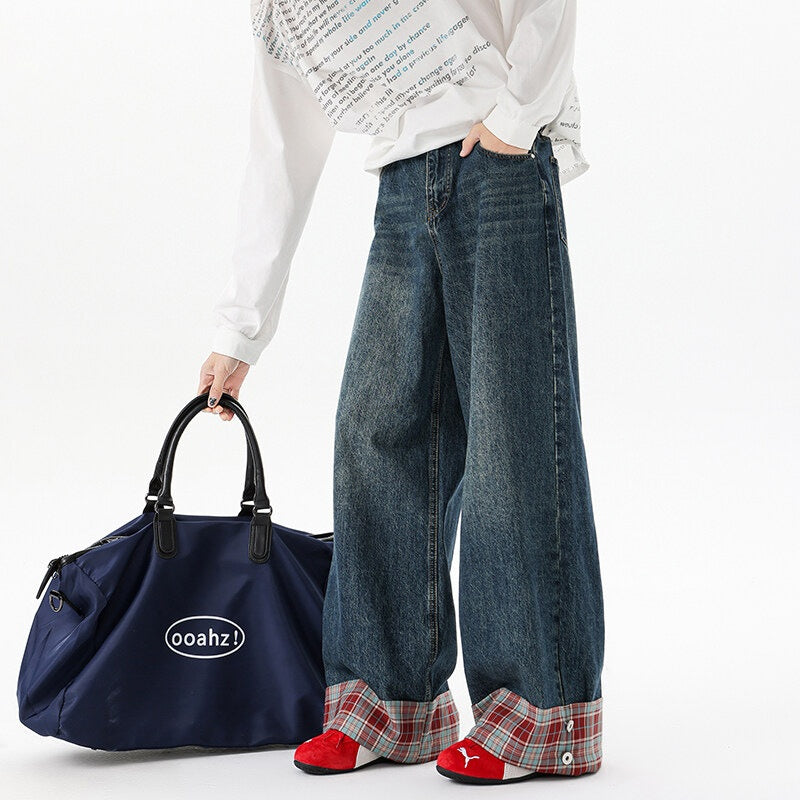 Retro Washed Dark Blue Plaid Cuffed Denim Pants - Luxury Streetwear