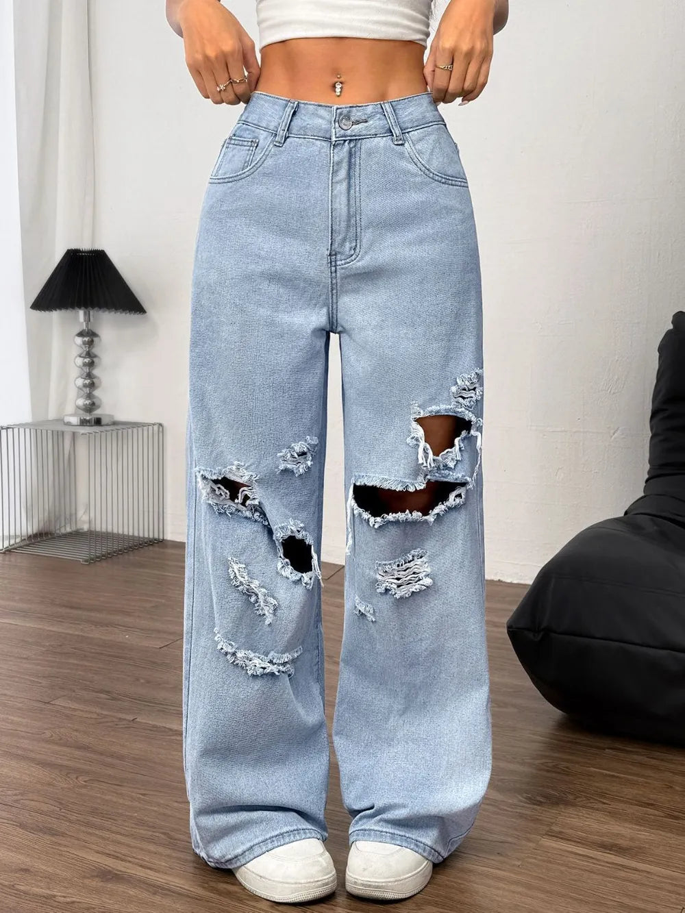 Distressed Wide Leg Jeans with Pockets - Premium Japanese Denim