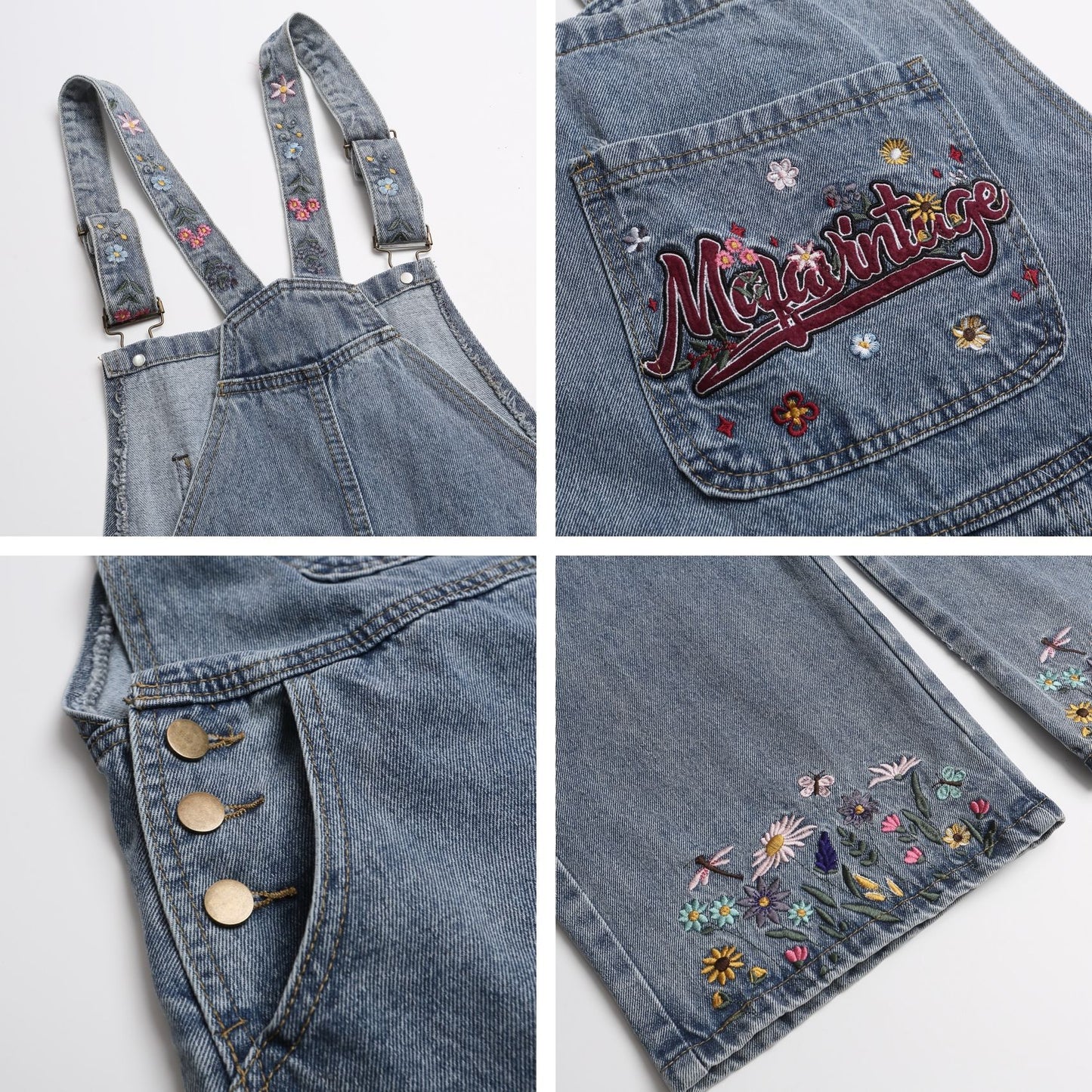 Trendy Washed Floral Letter Embroidery Denim Overalls Unisex High Street Retro Loose Jumpsuit