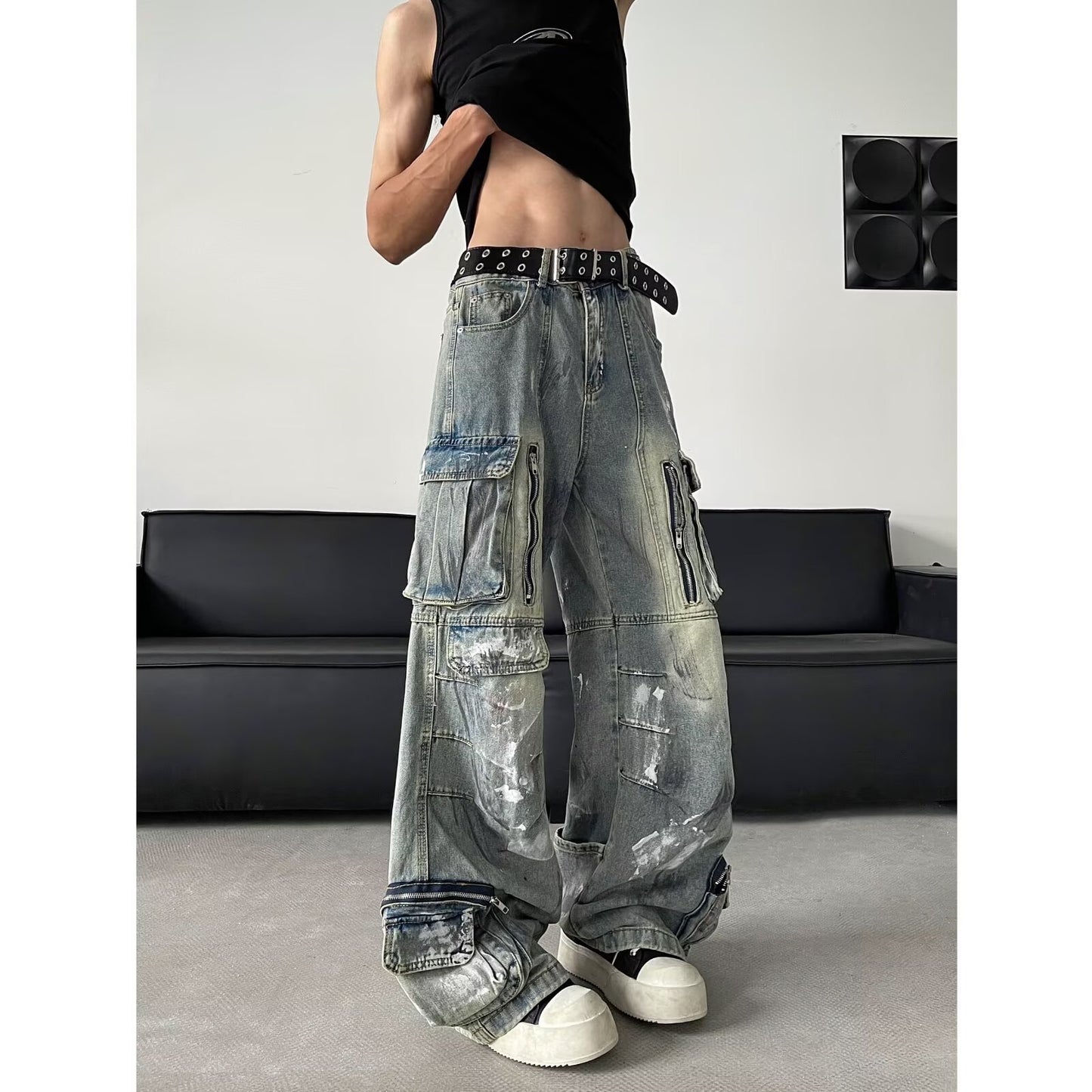 Multi Pocket Wide Leg Denim Straight Leg Casual Workwear Pants