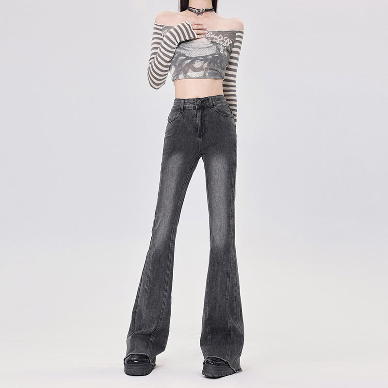 Women's Flared Denim Pants - Drape Slim Wide-Leg Floor-Length Trousers