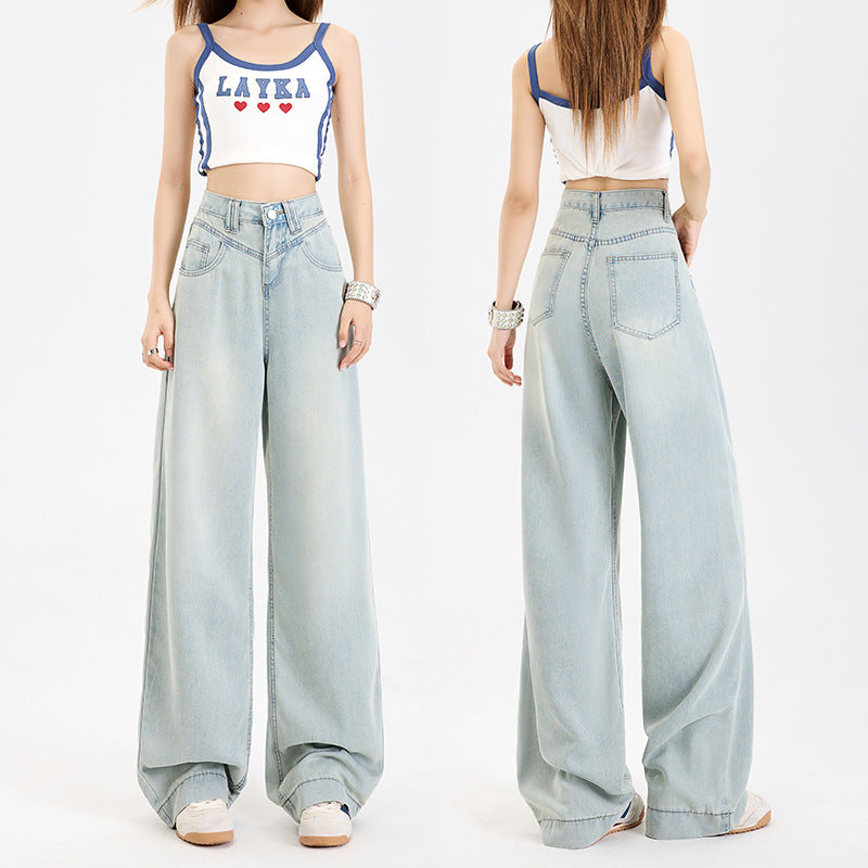 Lycra Tencel Denim Pants for Women - Summer Thin Fit Cool Loose Drape Straight Wide Leg Pants