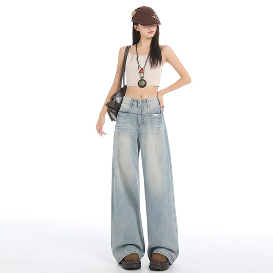 High Street Design Light Blue Wide Leg Jeans for Women - Retro Straight Loose Drape Pants
