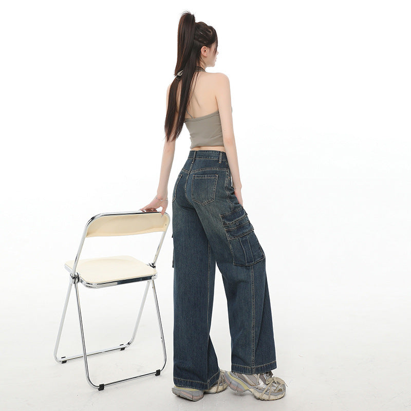 Street Retro Wide-Leg Jeans for Women - High-Waist Loose Straight Leg with Multi-Pocket Design