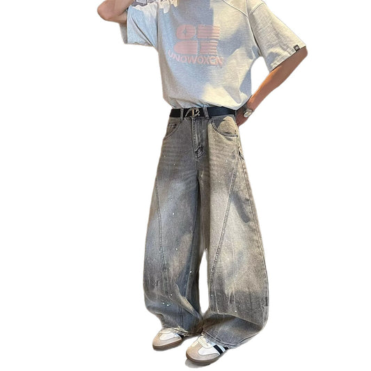 Retro Washed Curved Knife Denim Loose Drape Wide Leg Floor Length Pants