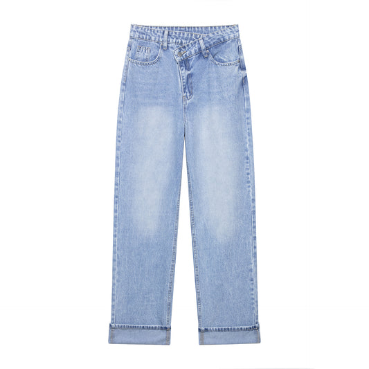 Women's Double Breasted Loose Casual Straight Leg Denim Pants