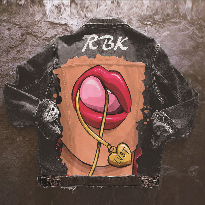 Women's Autumn Denim Jacket with Tongue Out Print