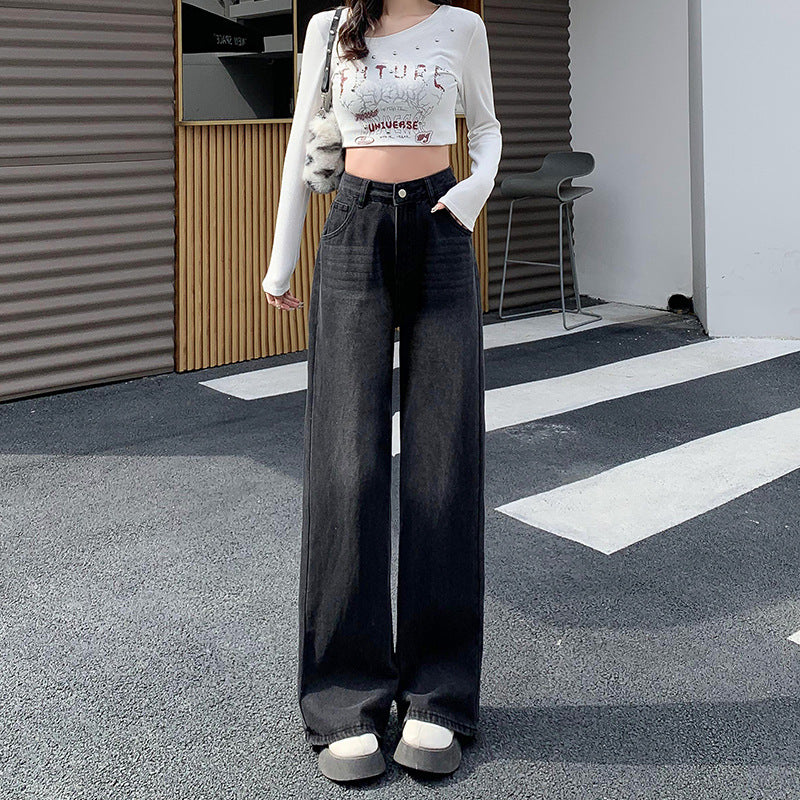 Retro Wide-Leg High-Waist Jeans for Women – Black Grey Loose Drape