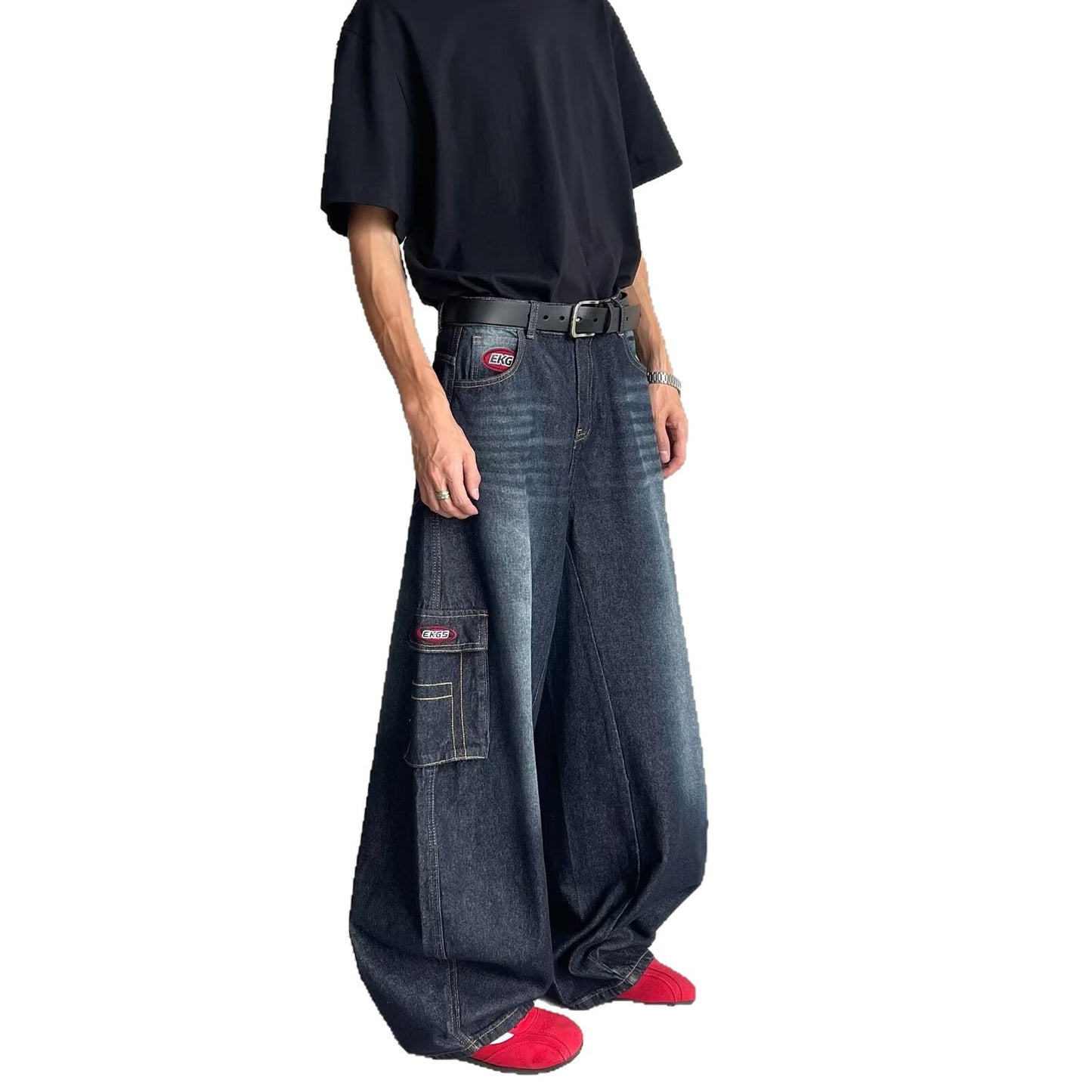 Washed Multi Pocket Workwear Denim Loose Straight Leg Pants