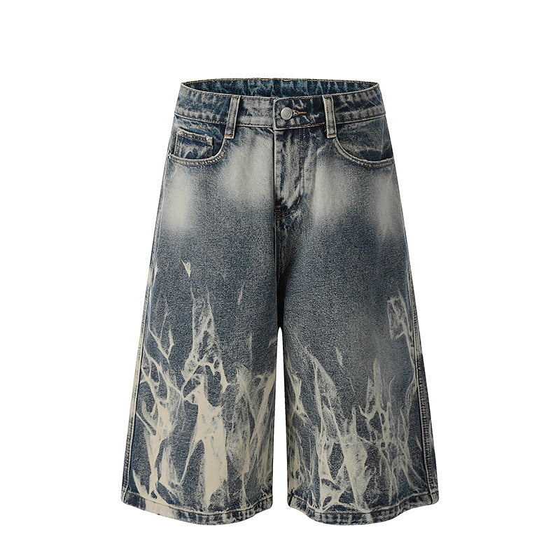 Lightning Patterned Denim Seven Quarter Shorts for Modern Street Style