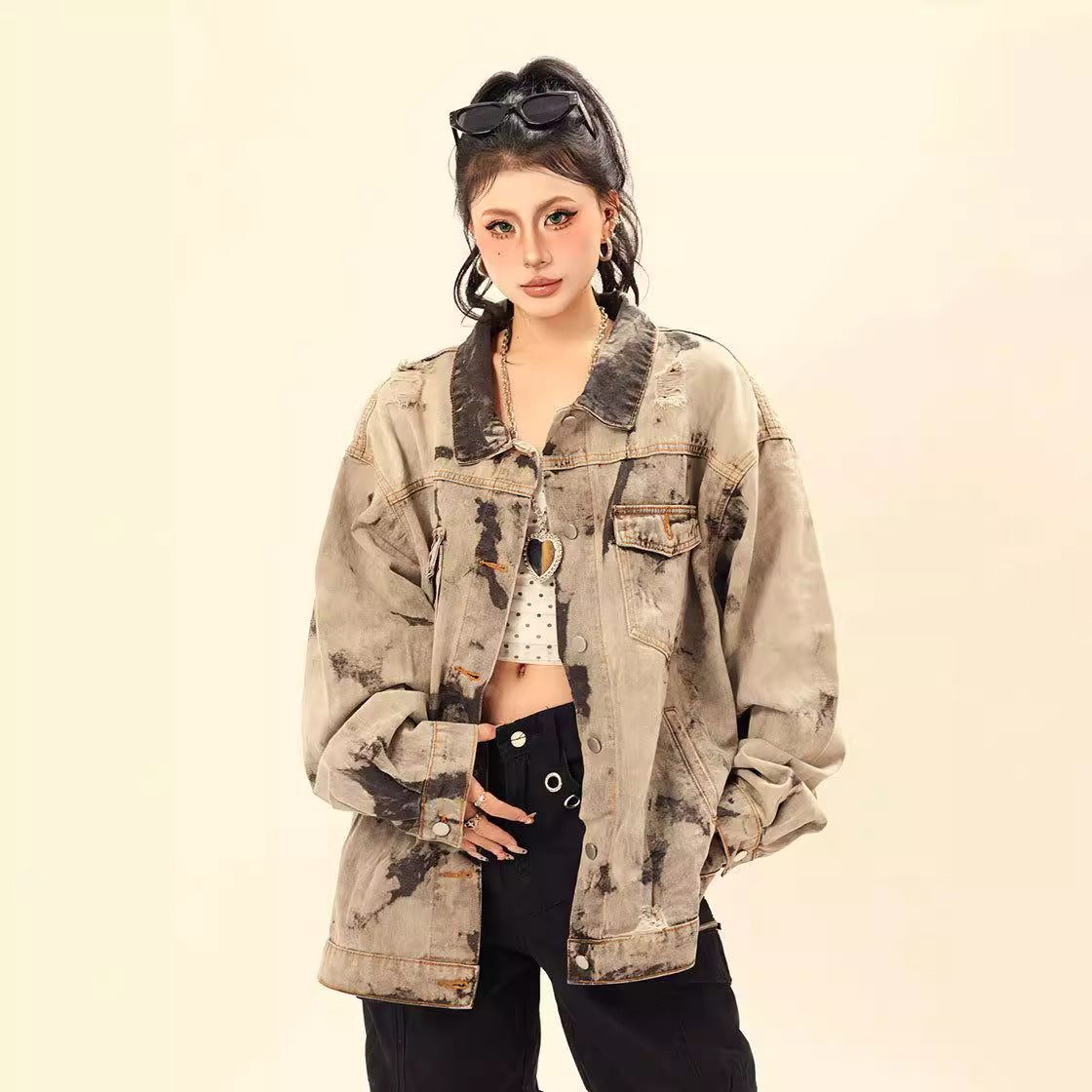 Premium Wash and Tie Dye Damage Denim Jacket