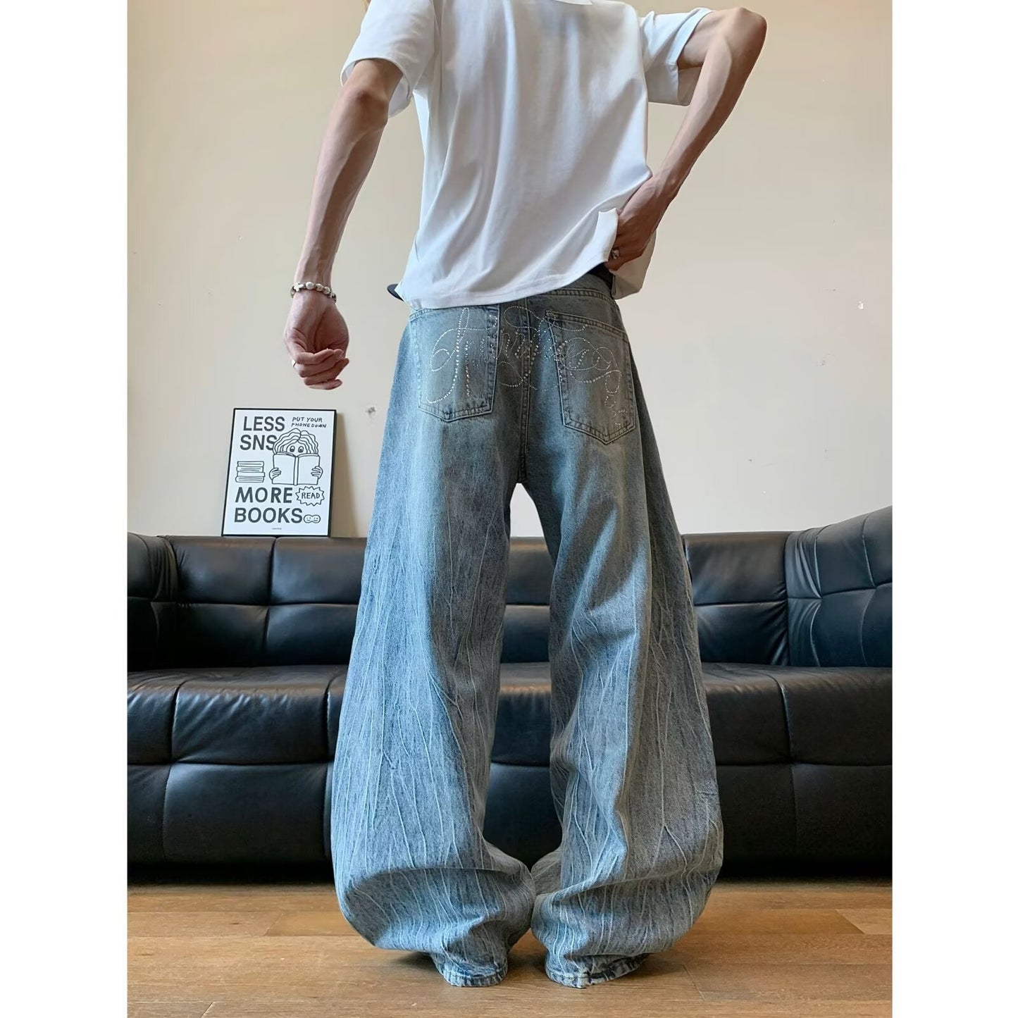 Washed Curved Knife Denim Casual Wide Leg Banana Pants