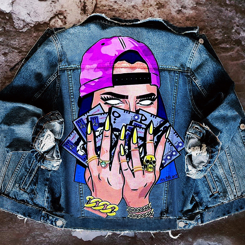 Women's Autumn Hot Selling Street Style Denim Jacket with Tongue Out Print
