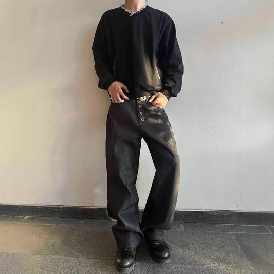 Original Color Washed Denim Loose Wide Leg Five Snap Straight Jeans