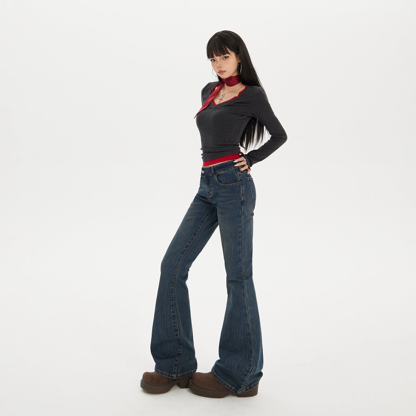 Women's Low Waist Vintage Slim Fit Elastic Skinny Girl Flare Pants