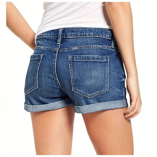 Elastic Hole Denim Shorts for Women, Casual High Waist Denim Shorts